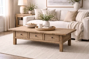 63 Inches Wide Coffee Table with Three Drawers Weathered Natural