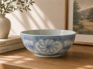 13.7 Inches Wide Blue and White Bowl with Flower and Leaf Motif