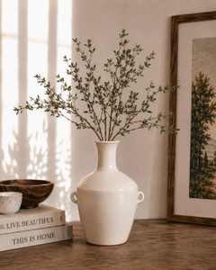 Approx. 9" Off White Glazed Ceramic Vase with Two Decorative Handles(2.8" Opening)