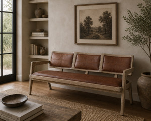 Mid-Century Woven Leather Arm Bench Weathered Natural