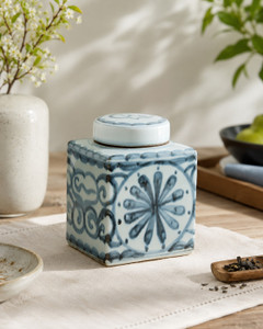 Approx.8 Inches Subtle Blue and White Square Jar with Floral Motif