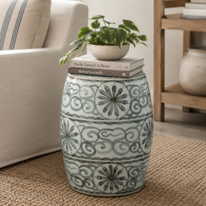 Approx.17 Inches Subtle Blue and White Garden Stool With Flower Motif