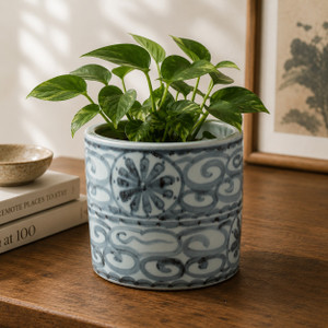 Approx.8 Inches Subtle Blue and White Planter With Flower Motif