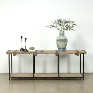 Vintage Iron-Strapped Reclaimed Door Console Table with Storage Shelf