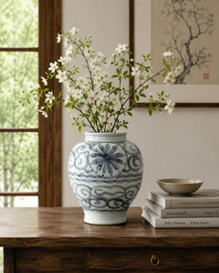 Approx.11 Inches Subtle Blue and White Vase with Flower Motif