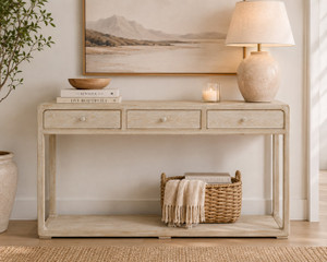 63"Ming Console Table With 3 Drawers-Weathered Whitewash