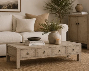 66 Inches Wide Coffee Table with Four Drawers Weathered Natural