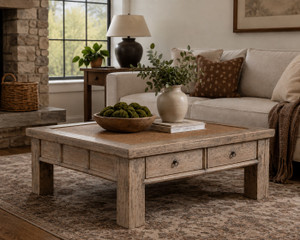 Four Drawers Coffee Table with Rattan Top Weathered Gray