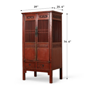Antique Red Lacquer Lattice Door Cabinet 39"x25.6"x74.4"H