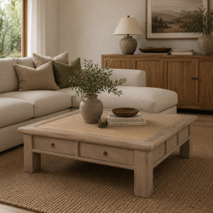 55 Inches Wide Four-Drawer Coffee Table with Rattan Top Weathered Natural