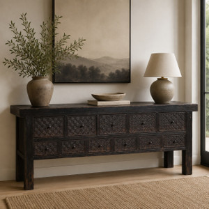 Ravenna Hand-Carved Apothecary Console – 93" Distressed  Black