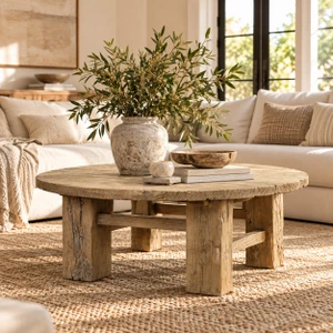 Approx. 55 inches round rustic vintage coffee table, elmwood, weathered natural