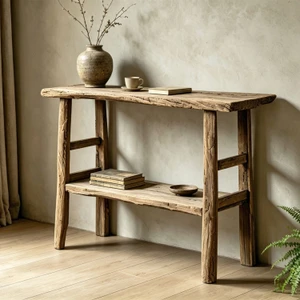 Approx. 43 inches wide, 14 inches deep, vintage console with shelf, Weathered Natural