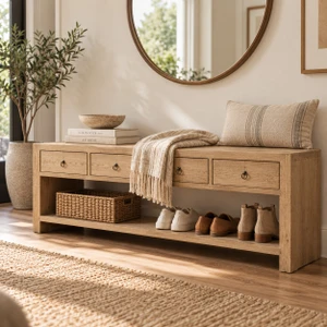 Sorrento 4-Drawer Bench with Shelf, Weathered Natural-68"