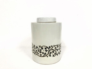 Black and White Hand Painted Tea Caddy - Leaf Scroll - Medium