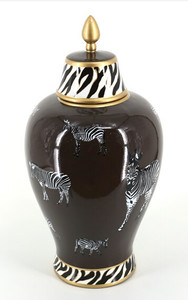18" Black Zebra Lidded Vase With Gold Trim - Large 18" Black Zebra Lidded Vase With Gold Trim - Large
