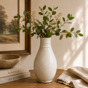 9" Off White Ceramic Vase With Two Lines
