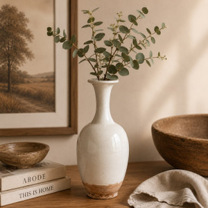 11" Off White Ceramic Bottle  with Unglazed Base