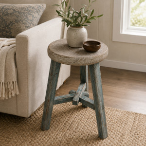 Elm round Stool Weathered soft aqua wash