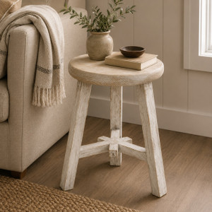 Elm round Stool Weathered White wash