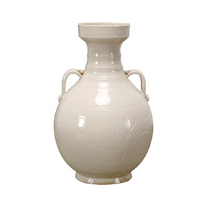 Off white glaze two handle vase with tick flowers Off white glaze two handle vase with tick flowers