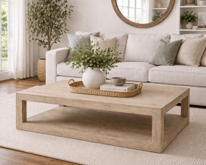 55" Long Peking Grand Framed coffee table Weathered Whitewash