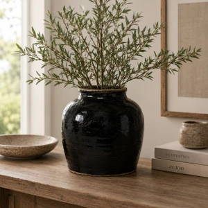 Approx. 10-13 Inches High Vintage oil pot with black glaze Large (size vary)