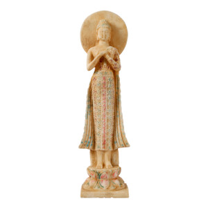 Colored White Marble Standing Buddha with Backlight, Vintage Finish