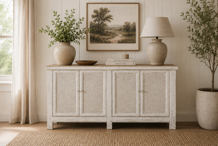 Amalfi Two Tones Sideboard with 4 Rattan Doors Antique Off White 71x18x35H