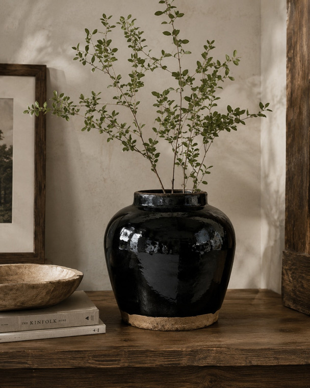 Glazed Obsidian Large Vase with Unfinished Base Vintage