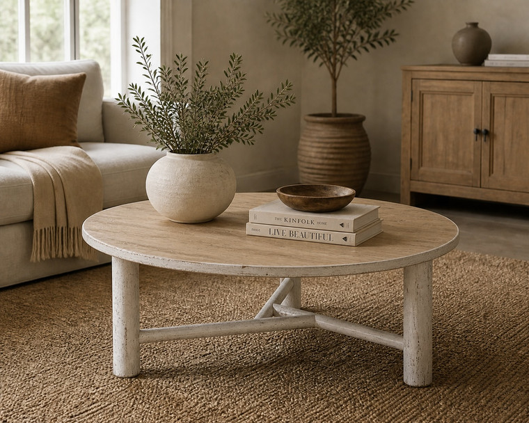 Amalfi Two Tones 47" Round Coffee Table with Round Leg Distressed White 47x47x18H