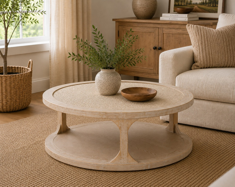 Milo Round Coffee Table with Rattan Top Weathered Whitewash 50x50
