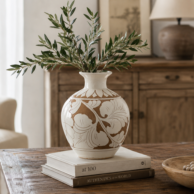 Amalfi Double Glazed Vase Small Opening with Flower Motif 10.6x10.6x12.6H