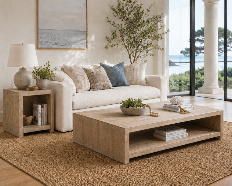 Capri Waterfall Coffee Table with Shelf Weathered Natural 67x43x18H