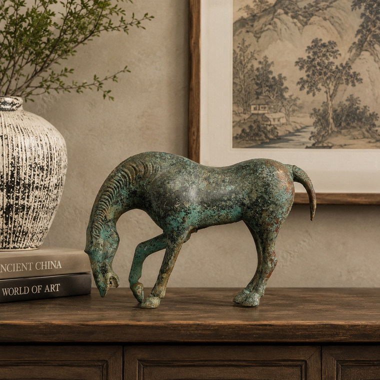 Bronze Green Drinking Horse (Vintage style, color vary) 15.7X4.7X8.6H