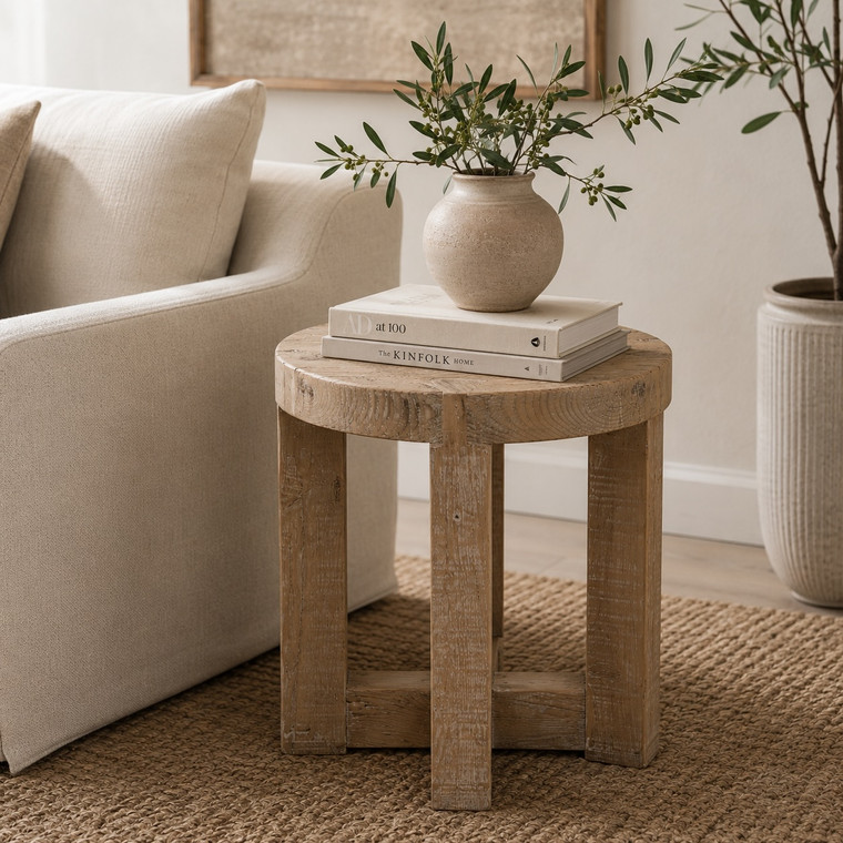 Capri Round Side Table Cross Leg Weathered Natural 20x20x22H 