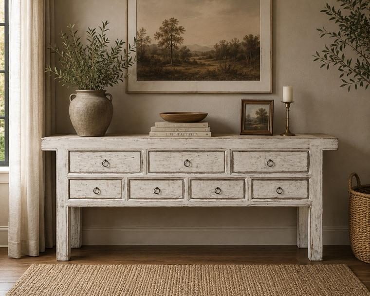 Amalfi Two Tones 7  Drawers Sideboard Distressed White 98x20x35H