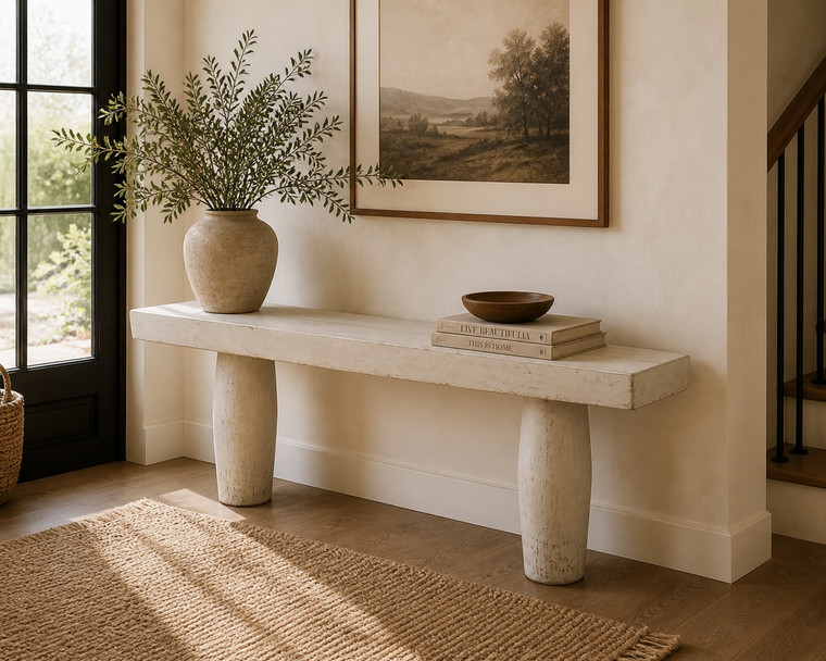 Capri Rustic Live Edge Console Table Distressed White Approx. 88X20X33H (one-of-a-kind tabletop size vary)