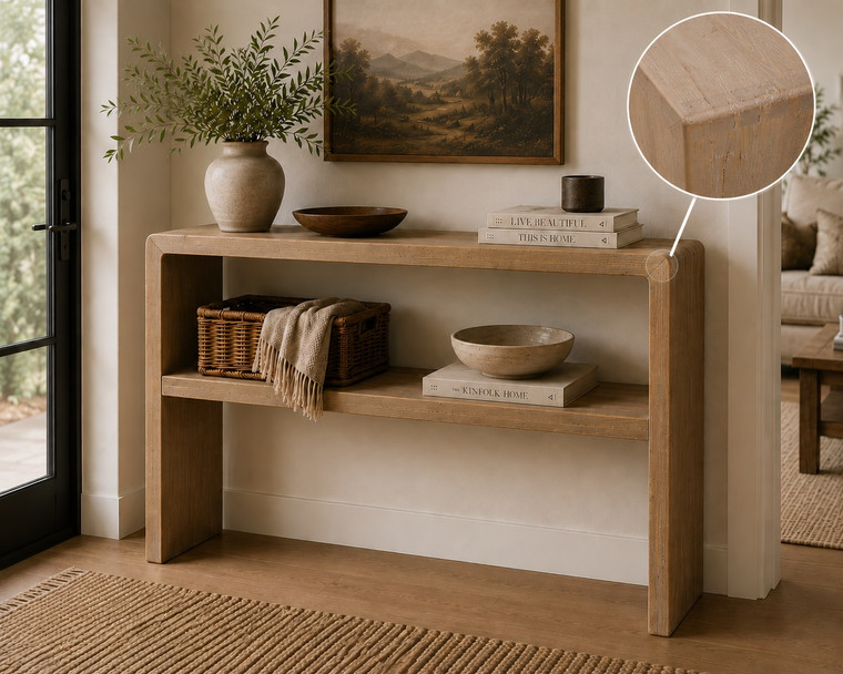 Waterfall console table with shelf weathered natural 48x12x31H