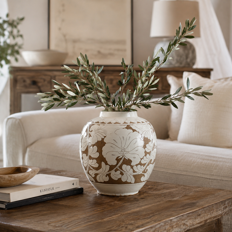 Amalfi Double Glazed Apple-Shaped Vase Large with Flower Motif 13x13x13.6H