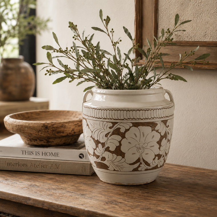 Amalfi Double Glazed Vase Large Opening with Flower Motif 10x10x10H