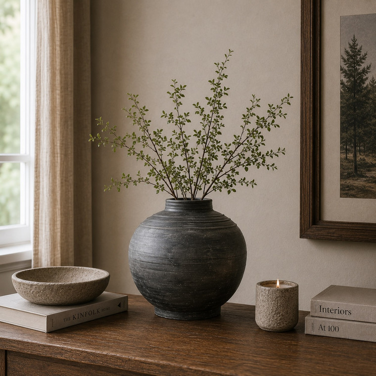Approx. 11" Earthy Gray Round Vase with Three Lines