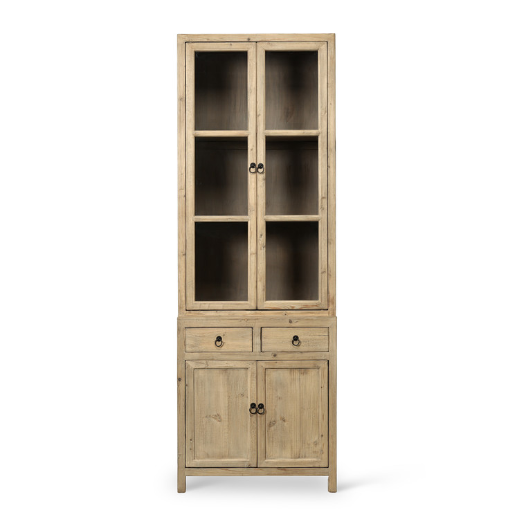 Approx. 89" High 4 Door Glass Display Cabinet Weathered Natural Pine PRE-ORDER ONLY(Minim 2)