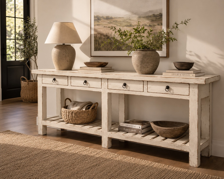 Amalfi Marble Top Console Distressed White 83x20x34H