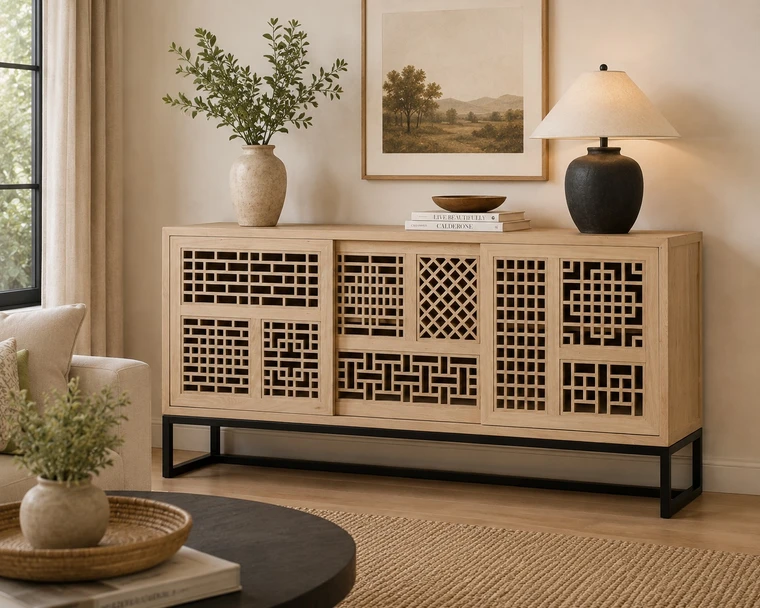79" Long Lilys Lattice Buffet 3 Sliding Doors with Iron Stand Natural Wood Tone