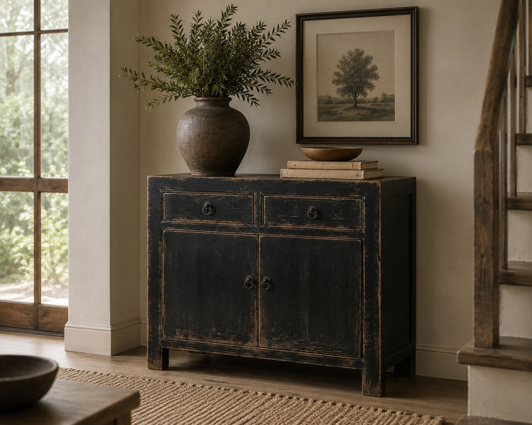 Side Table with Two Drawers Distressed Black 39x18x35H