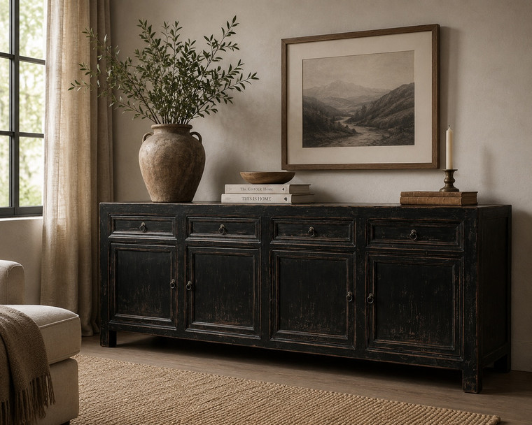 Four Drawers Sideboard Distressed Black 93x18x36H (Pre-order only)