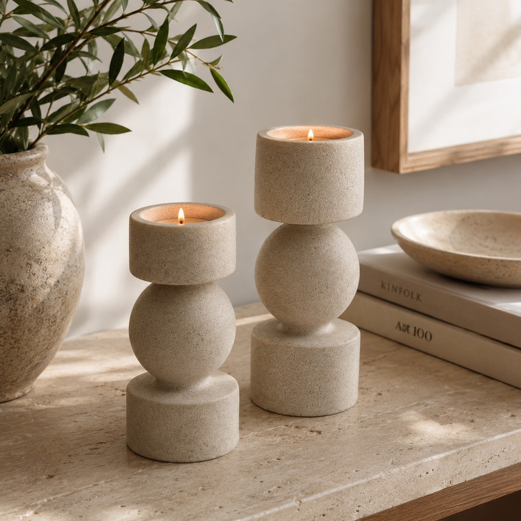 Bosa Travertine Candle Holders Set of Two 7.8"/10" H