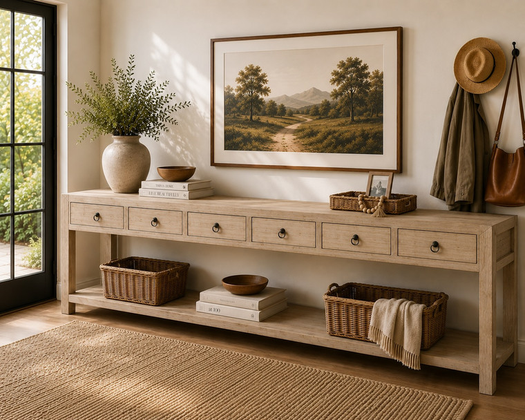120" Long Capri Console Table 6 Drawers Weathered Natural