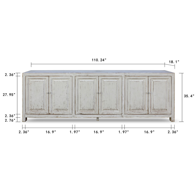 Amalfi Six Doors Sideboard Distressed White 110x18x36H